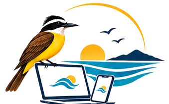Kiskadee — pássaro, laptop e celular com o mar ao fundo